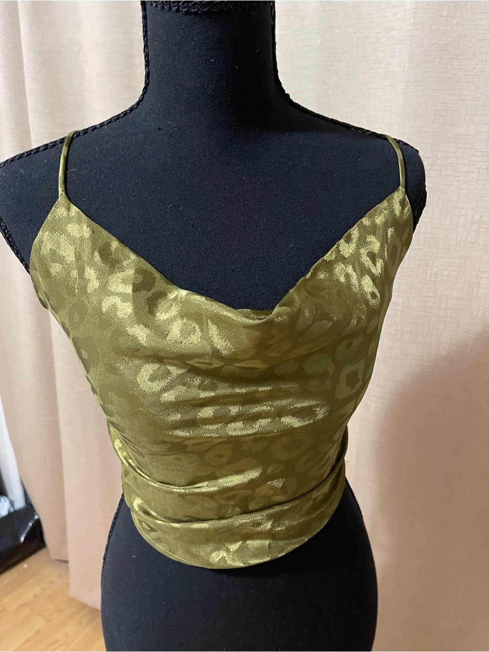 Satin Cowl Neck Spaghetti Strap Tank Top - Olive